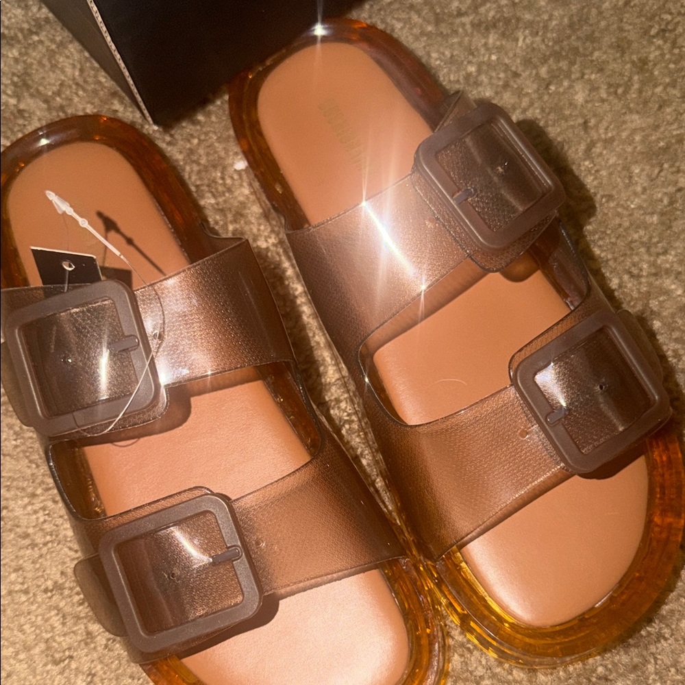 Women's Double-Buckle Slide Sandals in Brown